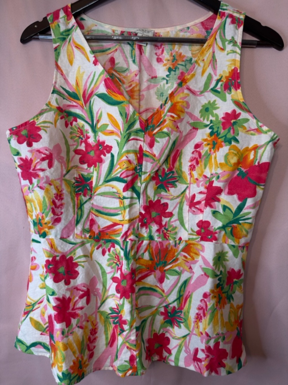 J. Crew White Floral Linen Blend Sleeveless V-Neck Top